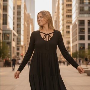 See You Monday Black Long-Sleeve Dress with Tie Detail
